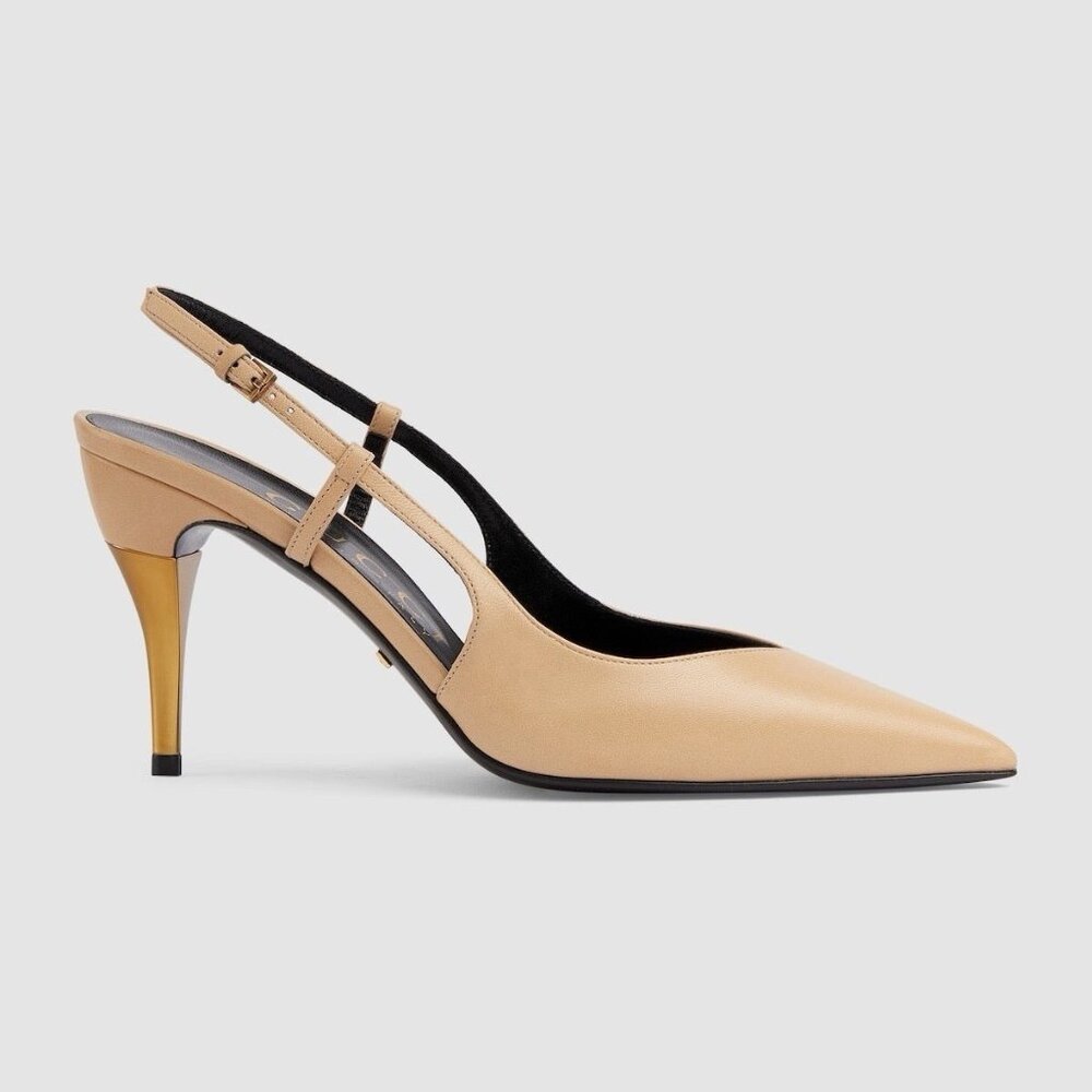NEW Gucci Metal Heel Slingback Pumps Sz 37.5 100% Authentic Nude - Picture 3 of 10